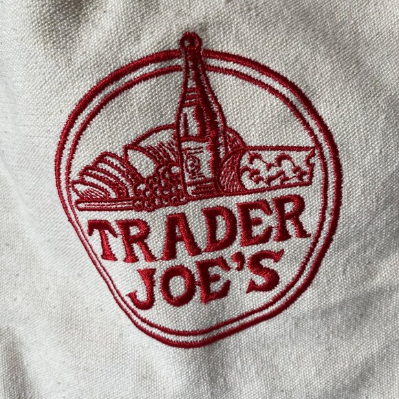 Trader Joe's large embroidered canvas shopping bag blue white stained pockets - Picture 4 of 10
